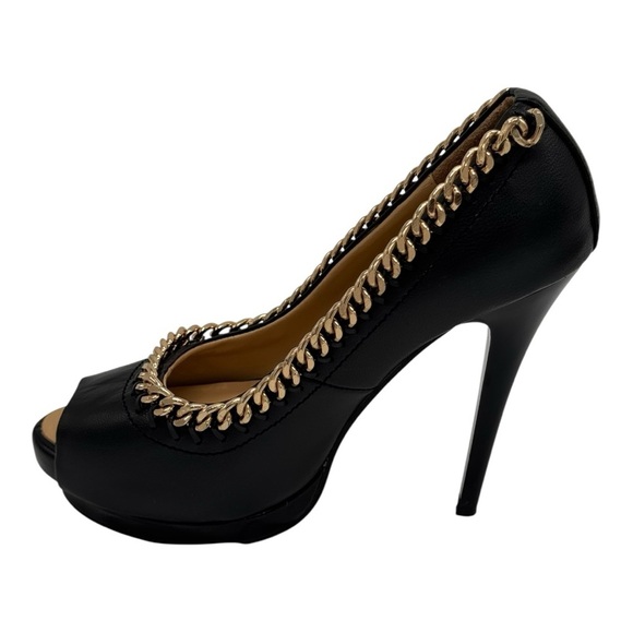 Giuseppe Zanotti Black Leather Peep Toe Heels Gold Chain Detail Size 6.5 - Picture 7 of 13